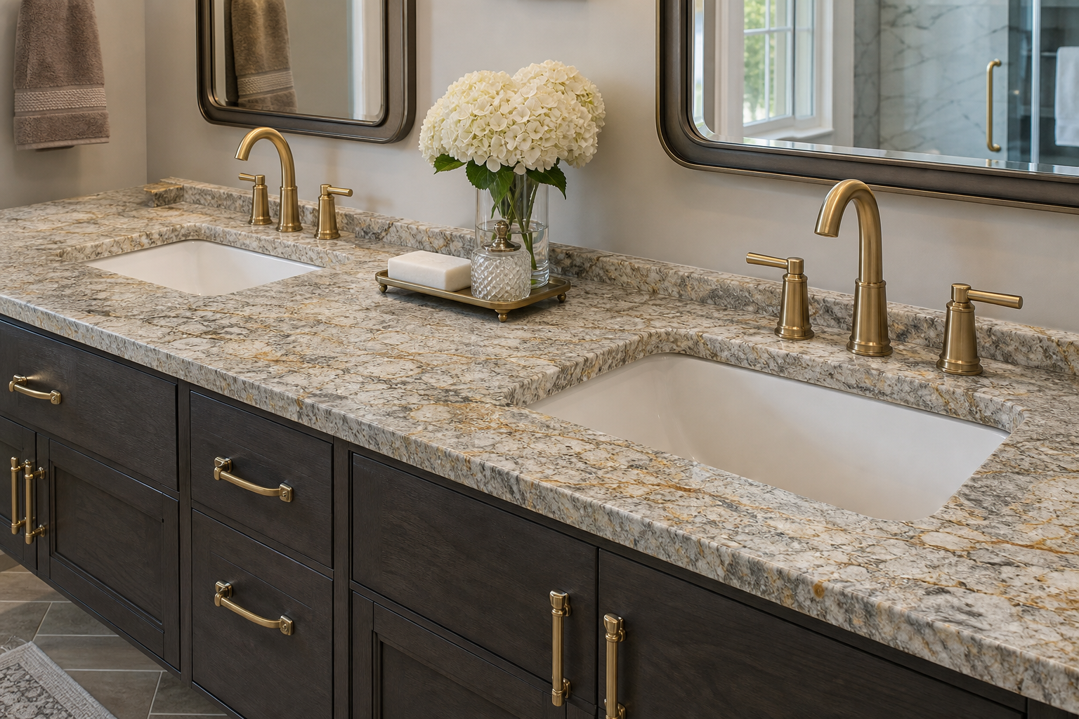 Concept image of a double bathroom vanity with a veined granite countertop