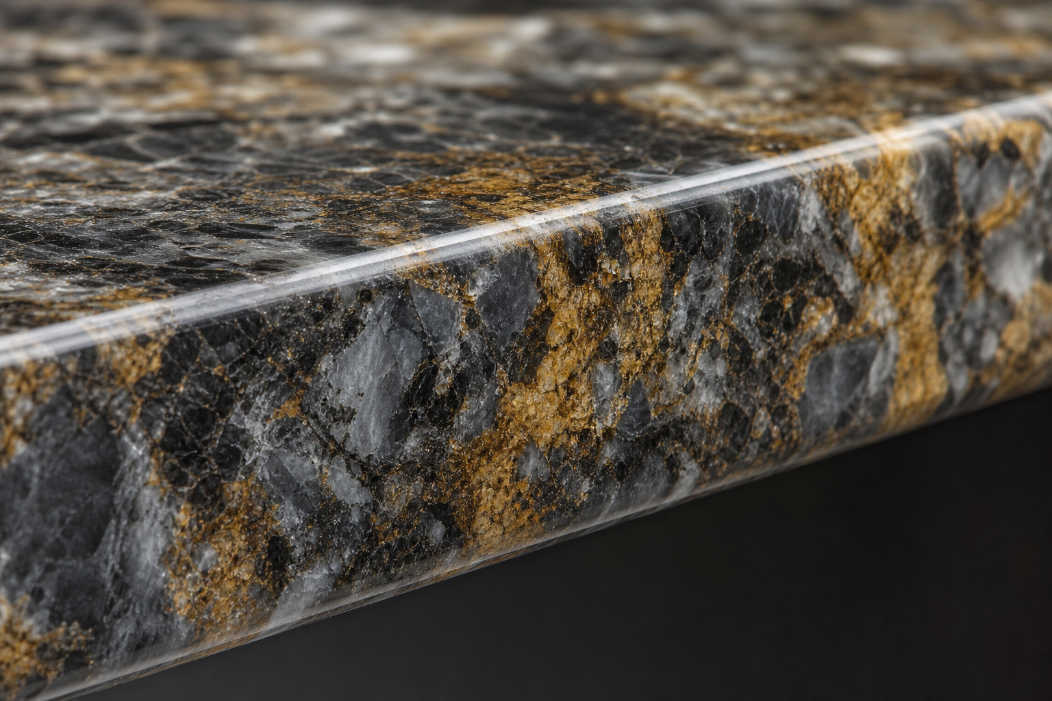 Concept close-up of a polished granite countertop edge profile