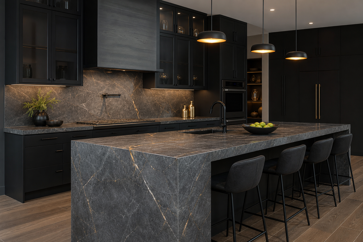 Concept image of a dark kitchen with a waterfall granite island