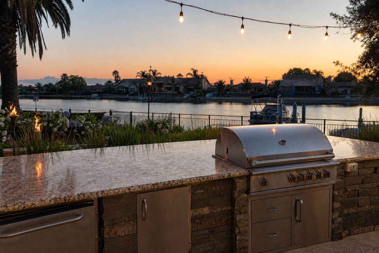 Concept image of an outdoor kitchen with a granite bar top on a waterfront patio at sunset