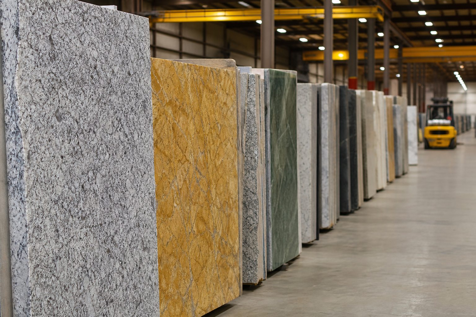 Concept image of granite and marble slabs stored upright in a stone yard