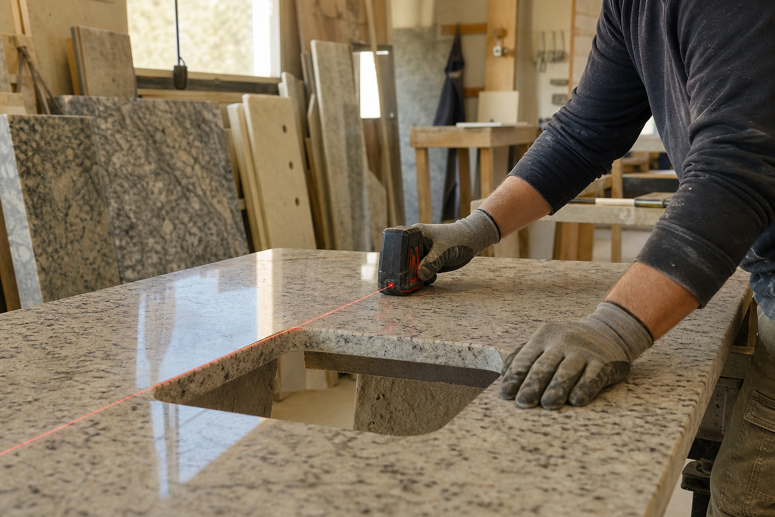 Concept image of a fabricator laser-templating a stone countertop in a workshop